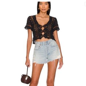 Free People Jilly Cardi in Black Crochet Size M. Cropped 3 Button Cardigan